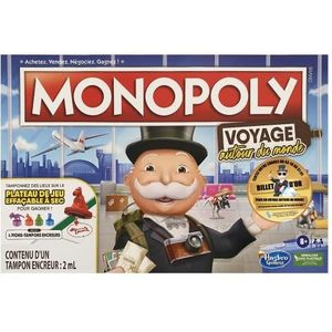 Monopoly reis over de hele wereld, voor familie en kinderen, vanaf 8 jaar, met stempelstenen en droog afwisbaar dienblad