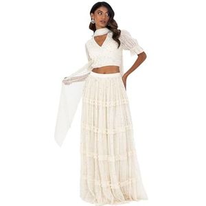 Maya Deluxe Dames Indiase traditionele jurk outfit Lengha Choli Lehenga Saree rok en top Dupatta Coord Set voor bruiloftsgast, Crème Zilver, 8