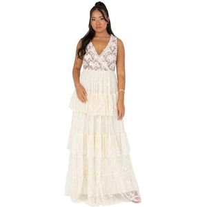 Maya Deluxe Dames maxi-jurk met mouwen V-hals wrap met ruches pailletten geborduurd tule A-lijn baljurk dames, ECRU, 40