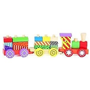 Van Manen 2Play houten takel met wagons, houten speelgoed, houten spoorbaan met kleurrijke bouwblokken, speelgoed voor kinderen, 610063, meerkleurig
