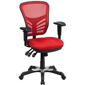 Flash Furniture Bureaustoel met middelhoge rugleuning, ergonomische bureaustoel met verstelbare armleuningen en netstof, perfect voor thuiskantoor of kantoor, rood