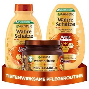 Garnier Wahre Schätze Haarverzorgingsset met acaciahoning, manuka en lavendel, honingschatten shampoo (250 ml), conditioner (200 ml), 1 minuut haarkuur (340 ml), 3-delig