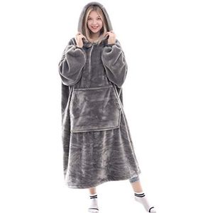 Waitu Draagbare deken sweatshirt voor dames en heren, super warme en gezellige grote deken hoodie, dikke flanellen deken met mouwen en gigantische zak - grijs