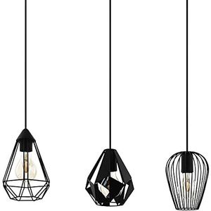 EGLO Hanglamp Distaff, 3-lichts pendellamp, eettafellamp van zwart metaal, lamp hangend voor woonkamer, E27 fitting, L 90 cm