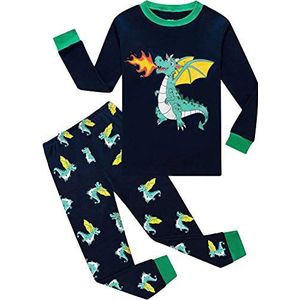 EULLA Jongenspyjama, tweedelige pyjamaset, Vuurspuwende dinosaurus/donkerblauw, 98 cm