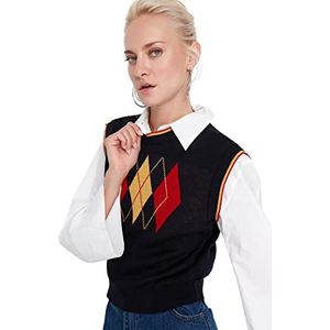 Trendyol Dames V-hals Plaid Regular Sweater Vest, Marineblauw, M, marineblauw, M