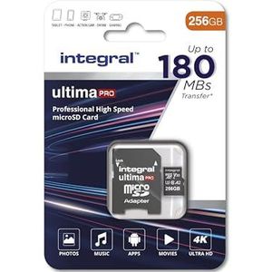 Integral 256 GB Micro SD-kaart 4K video leessnelheid 180 MB/s en schrijfsnelheid 150 MB/s MicroSDXC A2 C10 U3 UHS-I 150-V30 Onze snelste High Speed Micro SD-geheugenkaart