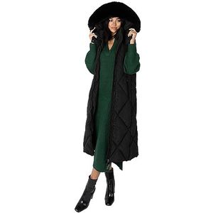 Lovedrobe Dames lang gilet dames winterjas imitatiebont capuchon gewatteerde bodywarmer gewatteerde mouwloze jas bovenkleding, Zwart, 54