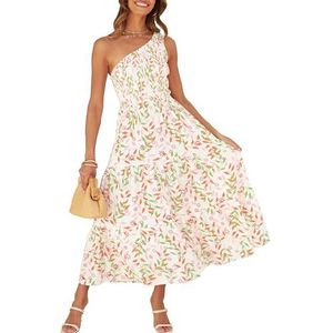 ZESICA Women's 2025 Bohemian Summer Floral Print One Shoulder Sleeveless Smocked Ruffle Tiered Beach Long Midi Dress,WhitePink,Large