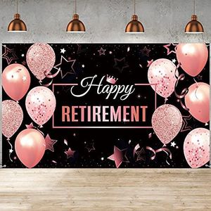 Pensioenfeestdecoraties, extra grote stoffen pensioen teken banner fotocabine achtergrond met touw voor pensioen feestgunst (zwart en roze roze, 184 x 110 cm)