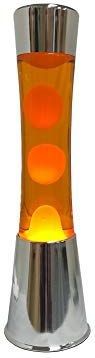 Fisura - Oranje lavalamp, verchroomde basis, oranje vloeistof en oranje lava. Originele sfeerlamp met reservelamp. 11 cm x 11 cm x 39,5 cm