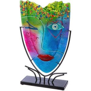 GILDE GLAS art Grote decoratieve vaas gezichtsvaas - handbeschilderde glazen vaas met metalen standaard - decoratie woonkamer hoogte 49 cm meerkleurig