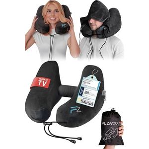 FLOWZOOM AIR Opblaasbaar nekkussen - reiskussen met capuchon en oordopjes voor volwassenen - Snel opblaasbaar Travel pillow voor vliegtuig - Verstelbaar nekkussen met 5 slaapstanden - Zwart, Maat L