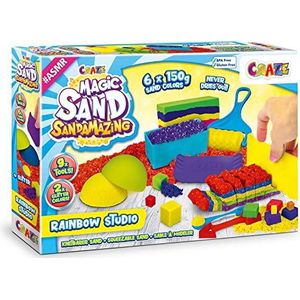 CRAZE Sanamazing 900 g vormpje Magic Sand Sandamazing Rainbow Studio kleurrijk kinetisch indoorzand 6 x 150 g met 11 zandgereedschappen en vormen 32435, blauw, geel, rood oranje, paars, groen