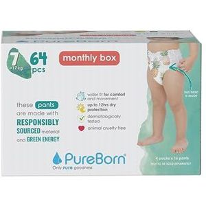 PureBorn Baby Pants Luierbroekjes, Maat 7 (17+ kg), 64 Luiers, Dermatologisch Getest, Optimale Bescherming Overdag en 's Nachts, Ultrazacht, Huidvriendelijk