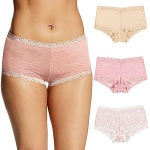 Maidenform Women's Underwear, Microfiber with Lace Boyshort Panties, One Fab Fit, 3-Pack, Latte Lift/Pink Heather/Peach Swirl