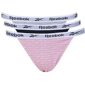 Reebok Tanga-slips voor dames, marineblauw, print, grijs, comfortabel katoen en microvezel tailleband, fitnessondergoed, verpakking van 3 stuks, Vector Navy/Pink Print/Grey Marl, XS