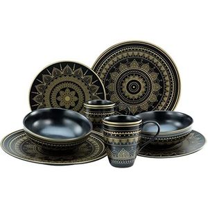 CreaTable, 23587, serie Mandala Gold - zwart, 8-delige serviesset, combiservies van aardewerk, vaatwasser- en magnetronbestendig, kwaliteitsproductie