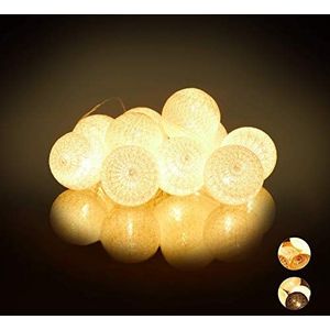 Relaxdays LED lichtsnoer met 10 ballen, van katoen, op batterijen, sfeerverlichting, Ø 6cm, met schakelaar, in het wit