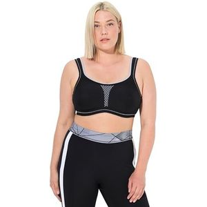 Ulla Popken Dames grote maten plus size sportbeha, zonder beugel, mesh-inzetstuk, cup C - E, zwart, 115C