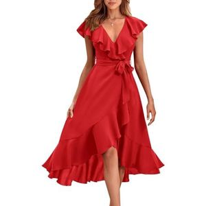 PRETTYGARDEN Dames 2024 Zomer Wrap Midi Jurk Casual Boho Diepe V-hals Korte Mouw Ruche Zoom Split Strand Lange Jurken, Rood, S