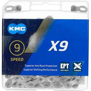 KMC X9 EPT 9-voudige ketting voor volwassenen, uniseks, 1/2 inch x 11/128, 114 schakels, zilver