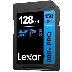 Lexar High-Performance 800x PRO SD Kaart 128GB, SDXC UHS-I Kaart, SD3.0 Kaart tot 150MB/s Lezen, V30, U3, C10 SD Geheugenkaart voor camera/Middenklasse DSLR/HD-camcorder (LSD0800P128G-BNNAA)