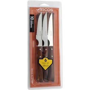 Arcos 6-delige steakmessenset 10,5 cm, zakmes met parelrand voor snijden en filet vlees, roestvrij staal gekarteld mes en beukenhouten handvat, serie Mesa