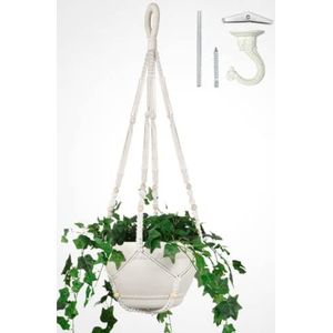 Eco Joy Macramé plantenhanger van 43 cm, groot voor 30,5 cm pot extra lang + haak | Geen kwastje, katoenen touw hangende plantenhouder met zwaghaak, geen plant inbegrepen (wit)