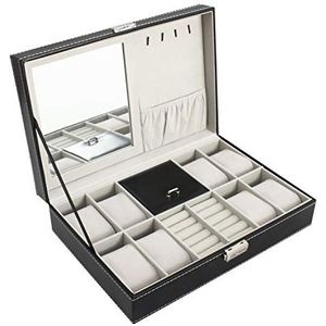 Todeco - Juwelen Horlogebox, Horloge Sieraden Display Case - Afmetingen: 30 x 20 x 8 cm - Doos materiaal: MDF - 8 horloges, sieraden en spiegel, Grijs