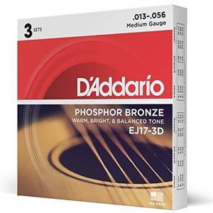 D'Addario Gitaarsnaren, westerngitaar, gitaarsnaren, akoestische gitaar, akoestische gitaarsnaren, het populairste snarenmerk wereldwijd, EJ17-3D, fosforbrons, medium (13-56), verpakking van 3 stuks