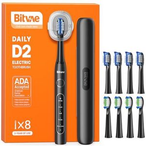 Bitvae D2 Elektrische tandenborstel voor volwassenen en kinderen, oplaadbare sonische tandenborstel, ultrasone reistandenborstel, zachte tandenborstel met 8 koppen en 5 modi (A-zwart)