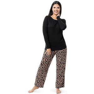 Fruit of the Loom Women's Sueded Jersey Crew Top and Fleece Pant Sleep Set, Black/Cheetah, Small