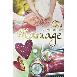 Wenskaart bruiloft met verguld goud trouwringen bruid auto rood bordeaux hart bloemenboeket gemaakt in Frankrijk