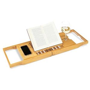 Relaxdays badplank uittrekbaar - badrek bamboe - boekensteun en wijnglashouder - badbrug