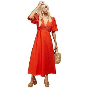 Oranje Gestructureerde Midi-jurk met Pofmouwen, Oranje, 36