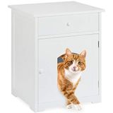 Relaxdays kattenkast met lade, poezebak voor kattenbak hout, kattenhuis kast, HBD 63.5 x 52 x 48 cm, wit