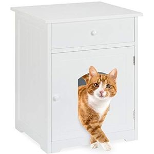 Relaxdays kattenkast met lade, poezebak voor kattenbak hout, kattenhuis kast, HBD 63.5 x 52 x 48 cm, wit