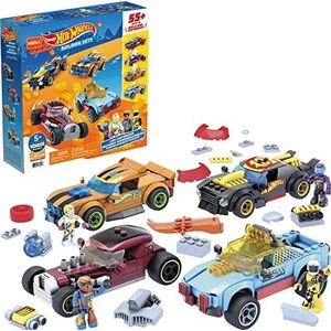 MEGA Construx GVM13 - Hot Wheels racewagen speelgoedset, bouwpakket, 485 onderdelen, 4 voertuigen, Rally Cat, Dawgzilla, Night Shifter en Mod Rod, 4 bewegende micro actiefiguren, vanaf 5 jaar.