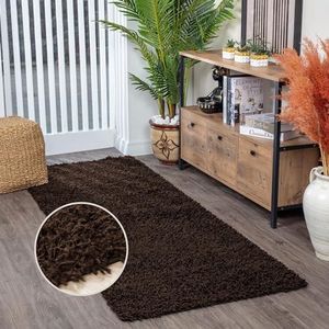 Surya Home tapijtloper Shaggy – pluizig tapijt voor eetkamer, slaapkamer, woonkamertapijt – zacht marmer tapijt groot 80 x 220 cm, bruin