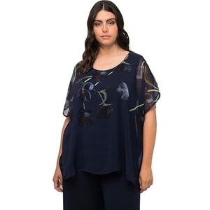 Ulla Popken Dames chiffon blouse met bloemenprint blouse, nachtblauw, 50/52 Grote maten