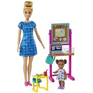 Barbie de Onderwijzeres Pop (blond), Kleuterpop (brunette), flip-over, laptop, rugzak, kleuterbureautje, schildpad, geweldig cadeau voor kinderen vanaf 3 jaar, HCN19