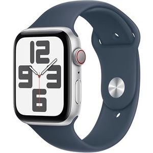 Apple Watch SE (2e generatie, 2023) (GPS + Cellular 44 mm) Smartwatch - Kast van zilverkleurig aluminium - Stormblauw sportbandje S/M. Conditie en slaap bijhouden, ongelukdetectie, hartritme monitoren
