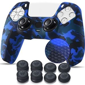 YoRHa Bezaaid afdrukken siliconenrubber aanpassen Skin Cover voor PS5 Dualsense Controller x 1 (donkerblauw) met professionele duimgrepen x 10