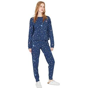 Trendyol Dames geometrisch patroon gebreide T-shirt-broek pyjama set, marineblauw, L, Donkerblauw, L
