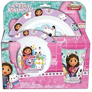 p:os 35808 Gabbys Dollhouse - Ontbijtset, 3-delig servies met bord, kom en beker, kinderservies van kunststof, vaatwasser-/magnetronbestendig