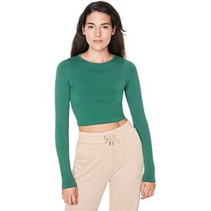 Trendyol Dames vrouw sportkleding gewas standaard ronde hals gebreide blouse shirt, donkergroen, XS/S, Donker Groen, XS/S