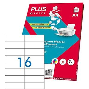 Plus Office - Witte zelfklevende etiketten om af te drukken, 100 vellen stickerpapier op A4 vellen voor inkjetprinters, laser en fotokopieerapparaat, 16 etiketten per vel (105 x 37 mm)