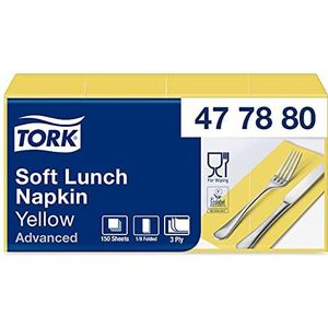 Tork 477880 Soft Lunchservetten geel 1/8 gevouwen / 3-laags, voorgevouwen servetten voor kleine gerechten of snacks/Advanced kwaliteit / 10 x 150 (1500) papieren servetten / 32,6 x 33 cm (B x L)