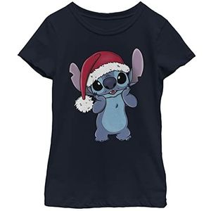 Disney Lilo & Stitch Wearing Kerstman Hat Girl's Solid Crew Tee, Navy Blue, Small, Navy, S